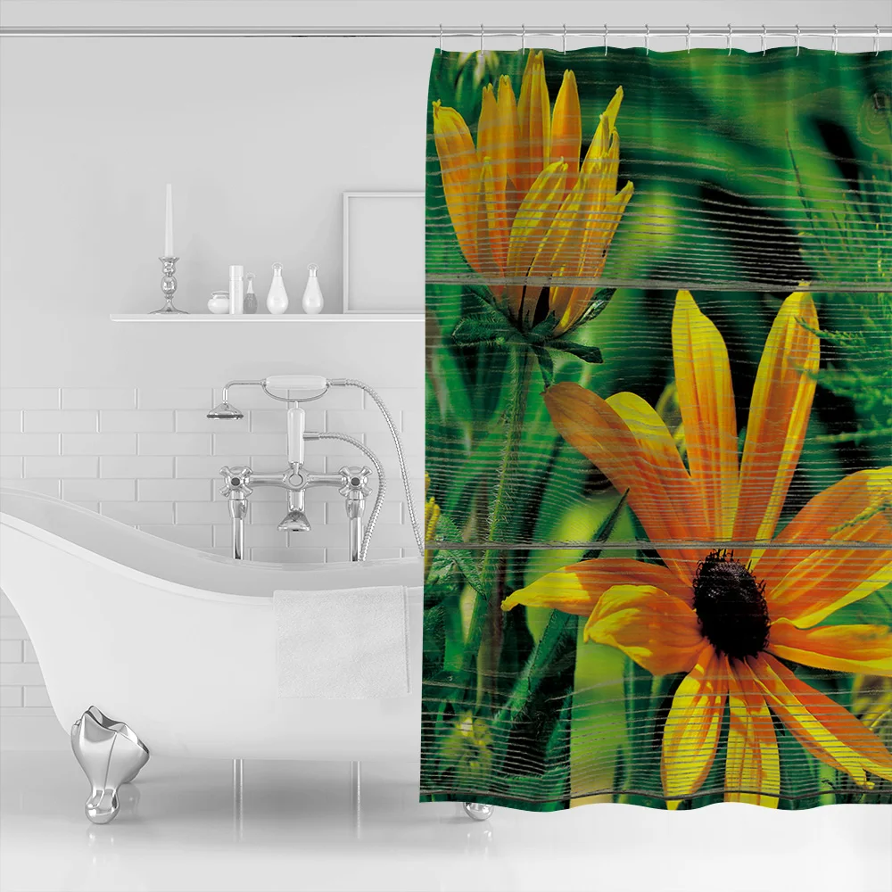 Farm Green Vintage Wood Background Yellow Flowers Polyester Fabric Shower Curtain