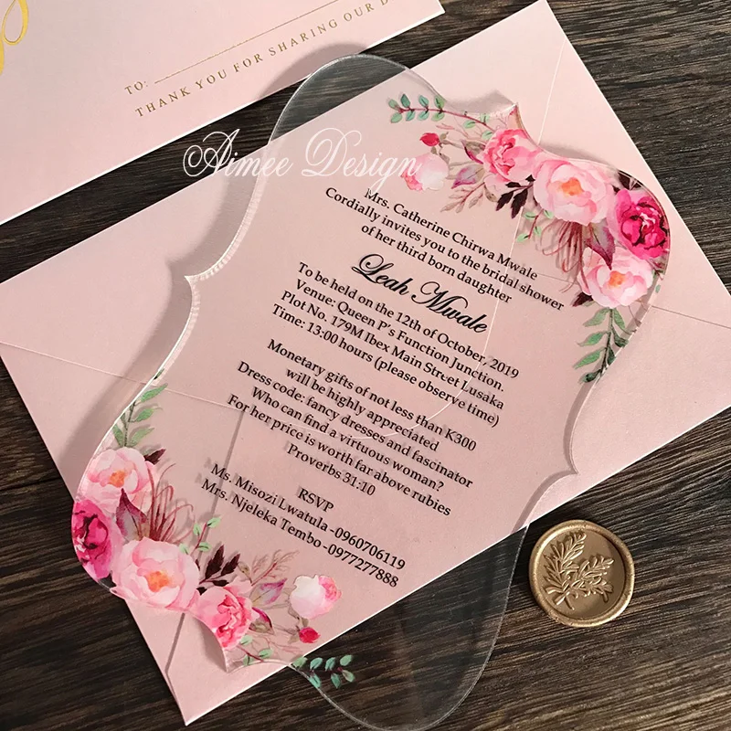  Clear acrylic wedding invitation with beautiful flower design，custom wax stamp  foil print logo env - 4000320657890