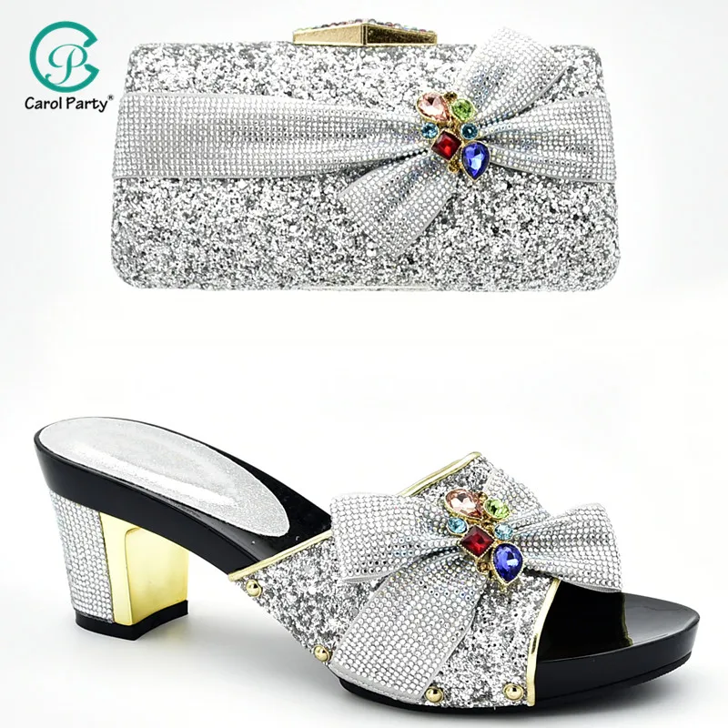

Italian design Sliver Color Fashion Party Shoes And Clutch Bags To Match Set African Super High Heels Slippers for Party