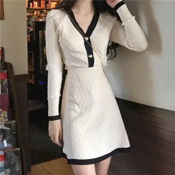 

Fall V-Neck Solid Knitted Two-Piece Set Single Breasted High Waist Plaid Cardigan And Mini Skirt Two-Piece Outfits
