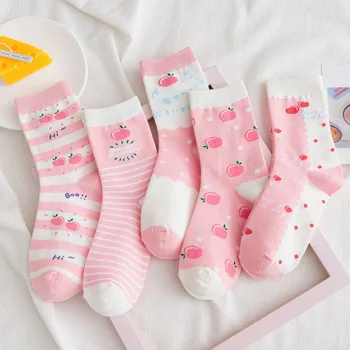 

COSPLACOOL Japanese Cartoon Peach Love Funny Socks Pink Heart Style Cute Socks Women Kawaii Jacquard Skarpetki Warm Sokken Meias