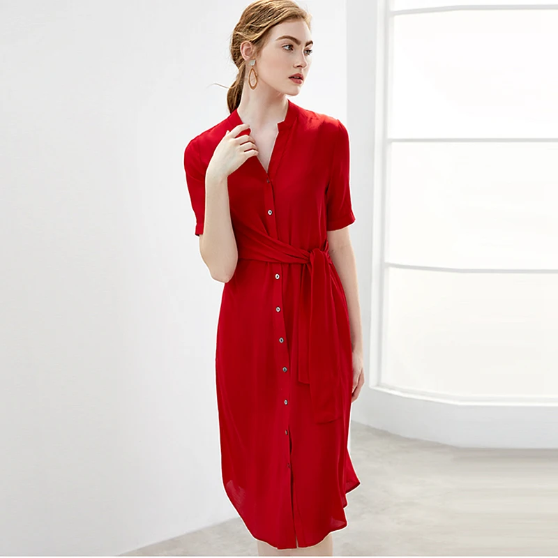 

100% Silk Dress Women Solid Belt Buckle Design V Neck Short Sleeve 3 Colors Casual Swing Dress Summer New Fashion