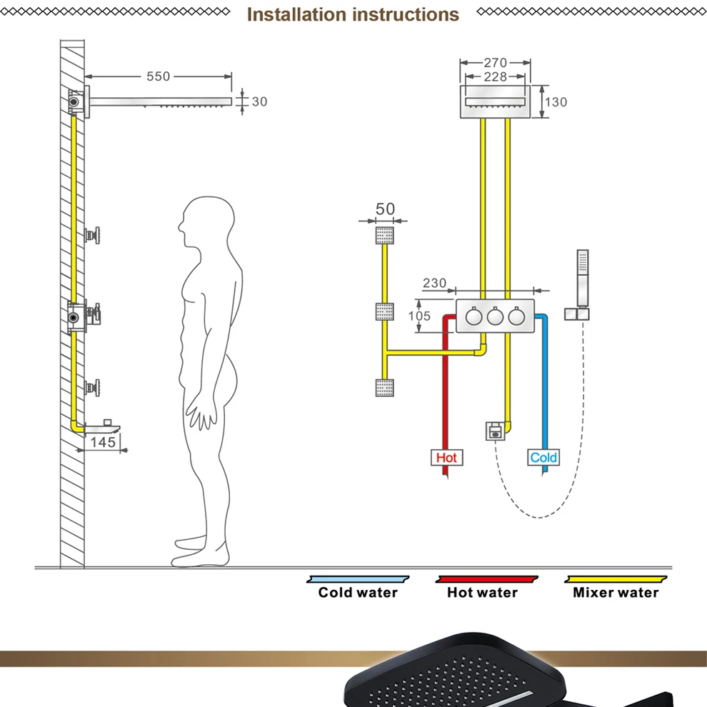 Black Shower Faucet Set Rain and Waterfall Showerhead Hot Cold Shower Valve Wall Mounted Bathroom Shower Mixer with Body Jet