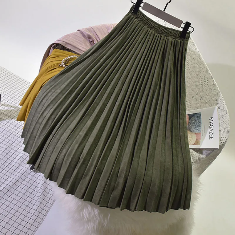 Army green Распродажа, осенне-зимняя женская замшевая юбка, длинные плиссированные юбки для женщин, Saias Faldas, винтажная Женская юбка миди, S65/M75/L85cm - Цвет: Army green