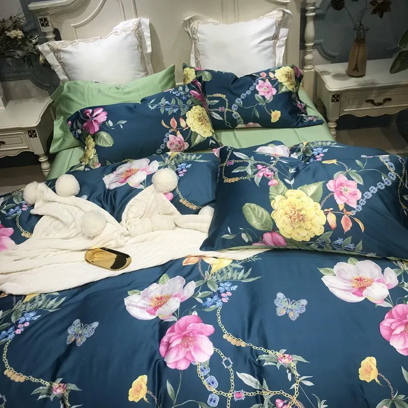Silky Egyptian cotton Yellow Chinoiserie style Birds Flowers Duvet Cover Bed sheet Fitted sheet set King Size Queen Bedding Set