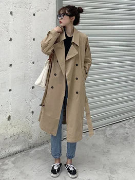 

Women Spring And Autumn Fashion Korea Style Vintage Solid Color Double Breasted Long Trench Coat Female Casual Loose Thin Trench