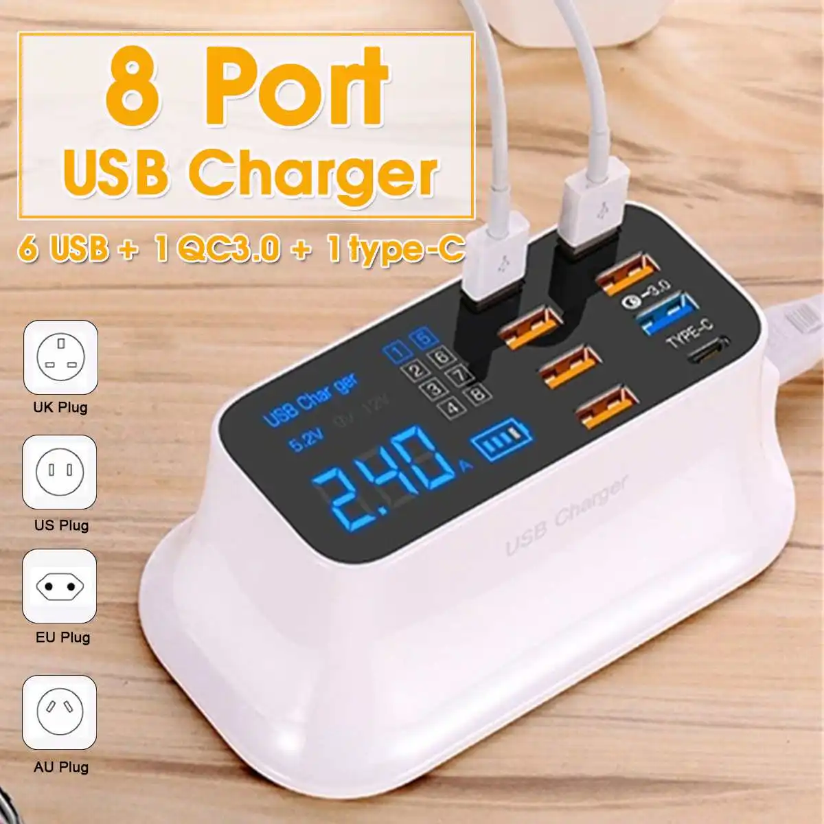

5V 2.4A 8 Port Multi USB Charger LCD Digital Display Fast Quick Charge Charging Station Adapter For iPhone Tablet EU UK US AU