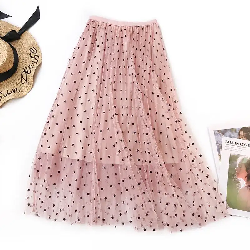 Юбка из тюля в горошек, Женская мода, Весенняя летняя юбка, Женская плиссированная длинная юбка макси с высокой талией, белая, синяя