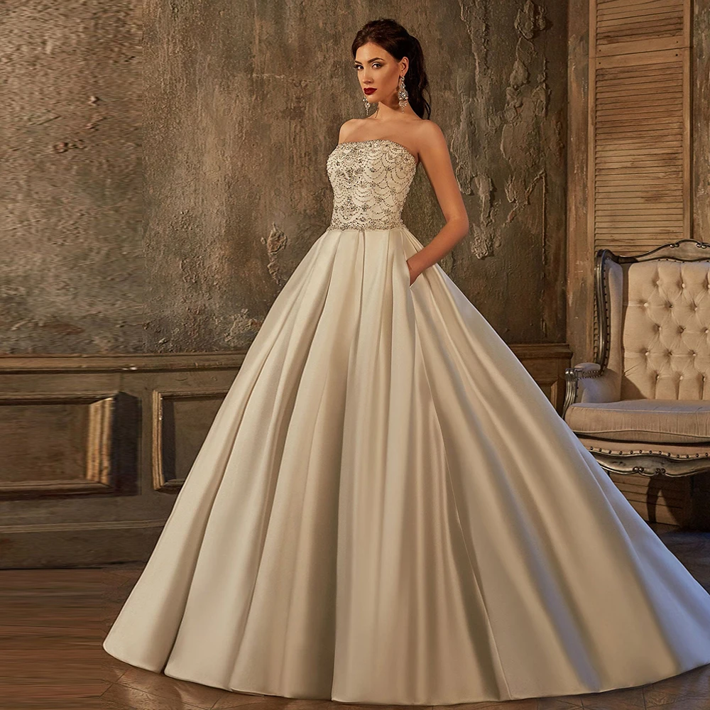 Custom Made Shiny Full Beading Crystal Satin A-line Wedding Dress Vestito Sposa Strapless Bridal Gowns Casamento