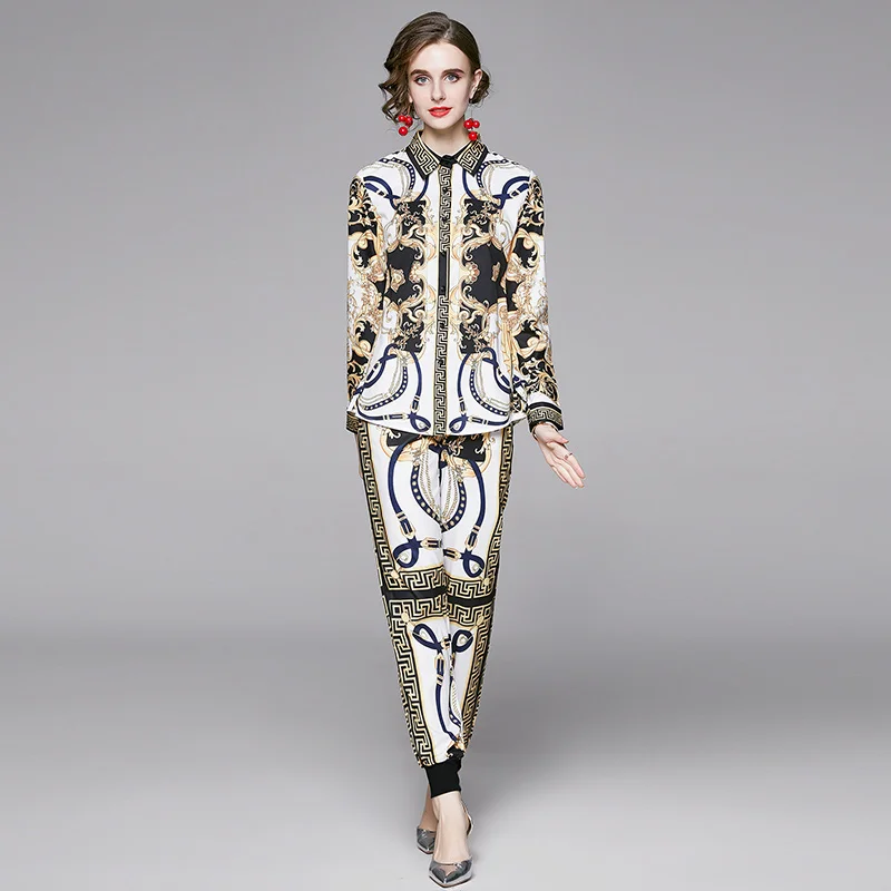 

Spring Summer Fall Runway 2 Piece Womens Sets Retro Vintage Print Collar Long Sleeve Top Shirt Blouse Pant Suits Outfits