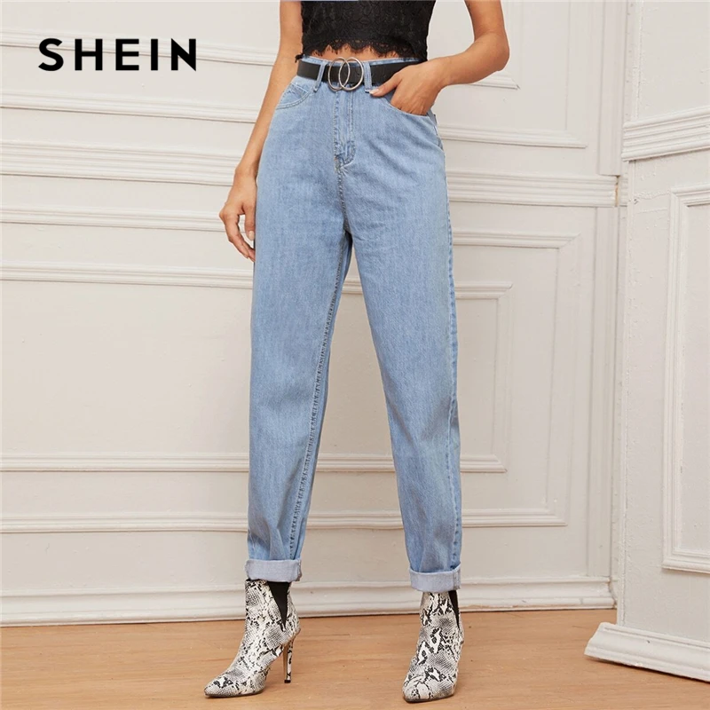 SHEIN, пастельный синий светильник, джинсы для мамы, без пояса, женские весенне-осенние повседневные джинсы с высокой талией, джинсовые зауженные длинные штаны