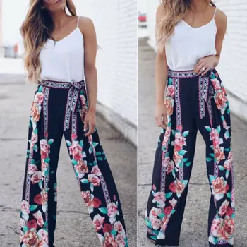 

2020 Summer Ladies Wide Leg Pants Women Bohemian Style Floral Print Long Trousers Wrap Casual Loose Pants Bottoms