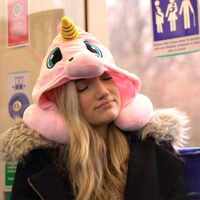

Cartoon Unicorn Neck Rest U-Shaped Travel Hooded Pillow Cushion Compact Soft Hooded Unicorn Travel Pillow
