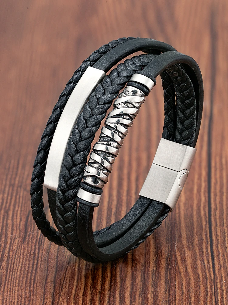 Viking Leather Bracelets for Men Multilayer Stainless Steel Insert Braided Bangles Punk Jewelry Accessories