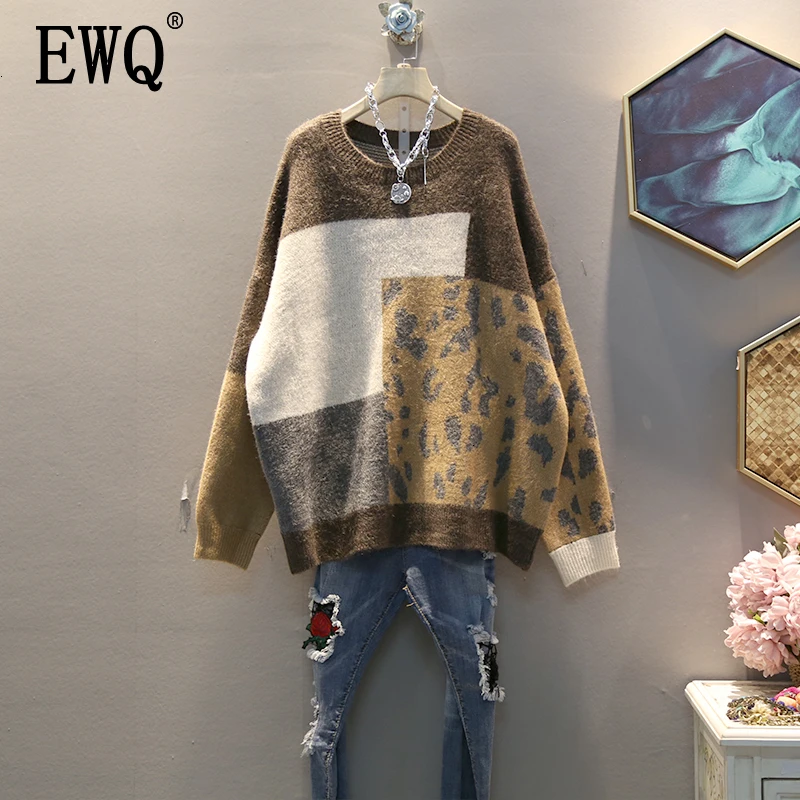 

[EWQ] 2020 Winter New Pattern Round Collar Long Sleeve Hit Colors Knitting Pullvoers Streetwear Sweater Femals 19C-a23-16-0