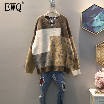 

[EWQ] 2020 Spring Autumn New Pattern Round Collar Long Sleeve Hit Colors Knitting Pullvoers Streetwear Sweater Femals 19C-a23