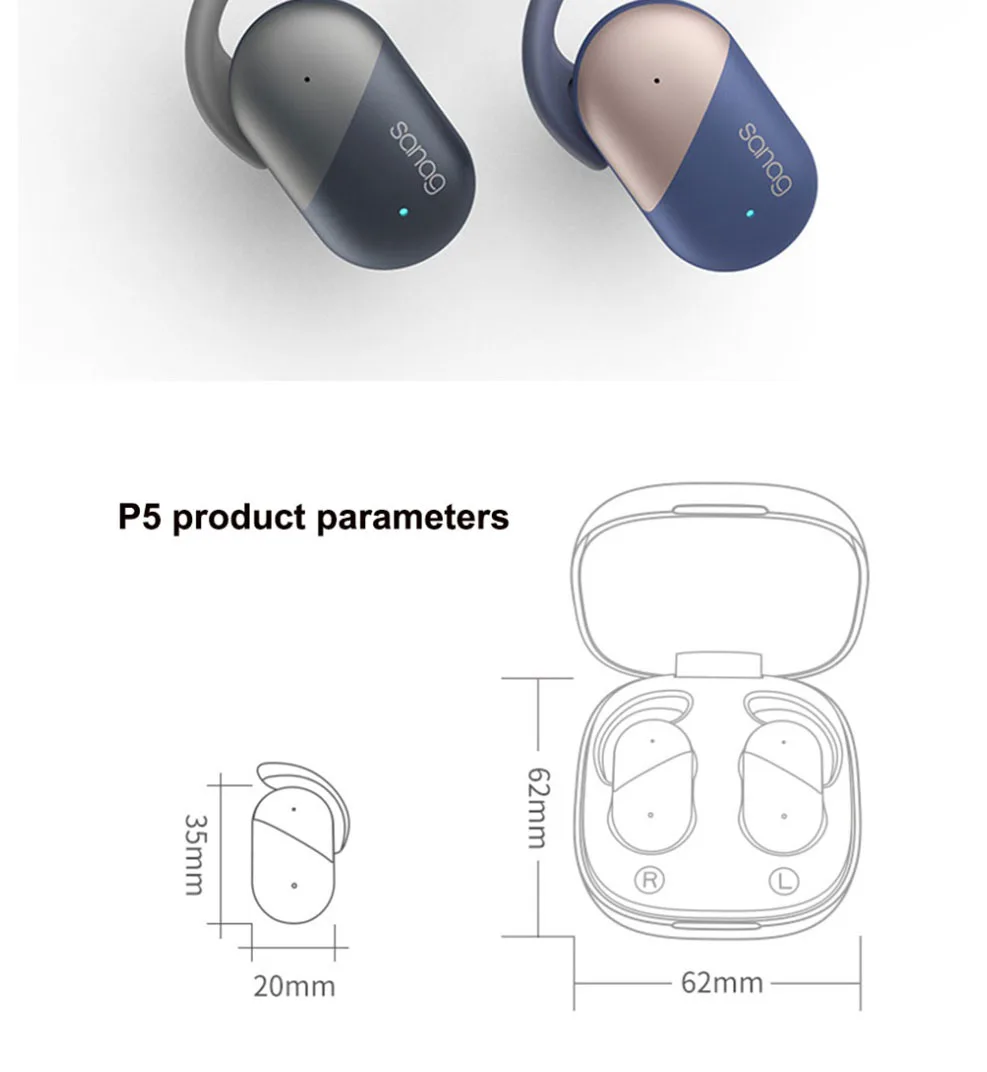Sanag P5 Bluetooth 5.0 TWS Earbuds Binaural Call Fingertips Control Siri Google Assistant 500mAh Charging Case IP5 with Mic - Rose Gold