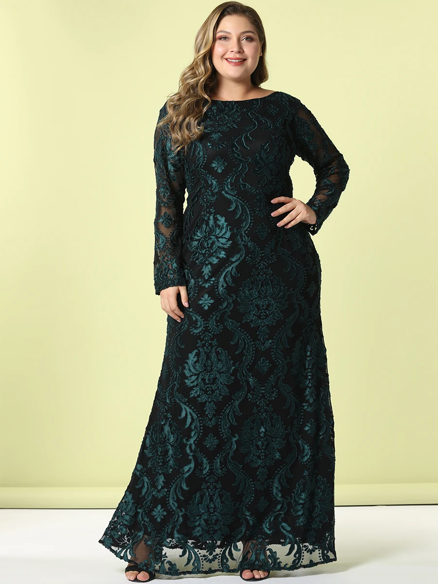 

2019 Toleen Elegant Brand Autumn Long Dress Women Lady Plus Size Shift Dress Long Sleeve Lace Bow Dark Green Party Dress Vestido