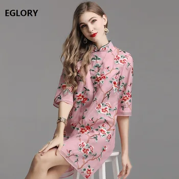 

High Quality New 2020 Spring Dress Women Qipao Style Allover Exquisite Embroidery Pink Blue Dress Vintage Party Vestidos