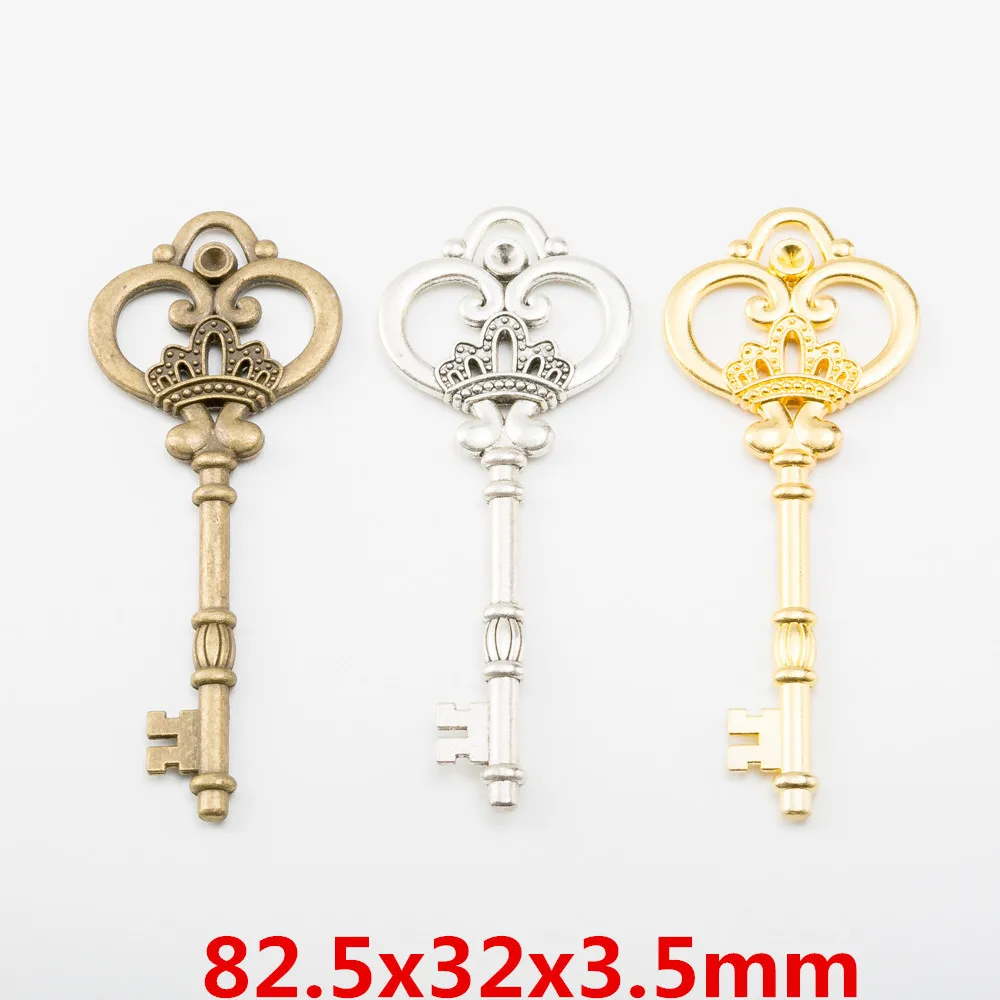 

10pcs 82*32MM Vintage silver big gold crown key charm antique bronze metal tibetan key pendants for bracelet earring diy jewelry