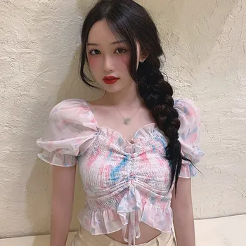

Korea Style Crop Tops 2020 Women Square Collar Short Sleeve Casual Sweet Chiffon Shirts