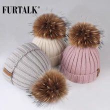 Детская шапка FURTALK, зимняя шапка для мальчиков и девочек 1-10 лет, с помпоном из меха, вязаная теплая шапка-бини