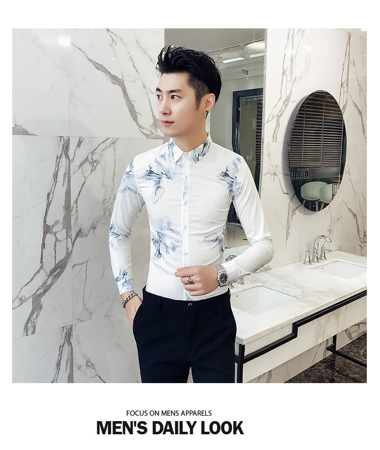 Camisa, мужская рубашка с длинным рукавом и цветочным принтом, городская одежда для мужчин, Клубные, вечерние, свадебные рубашки для мужчин