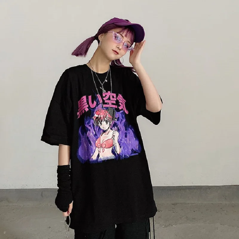 women Summer tee girl tops Goth Kawaii рубашка женская accessory album Harajuku style cartoon cute Devil print pink T-shirt