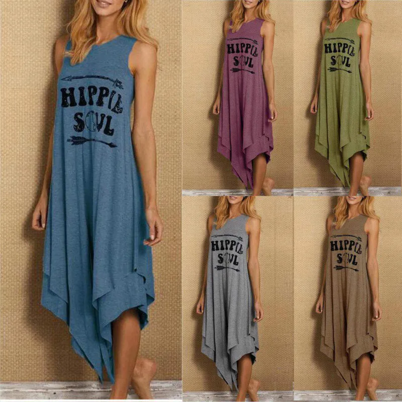 Las mujeres vestido sin mangas moda carta impresa o-Cuello chaleco mujer verano Casual de talla grande dobladillo Irregular vestidos