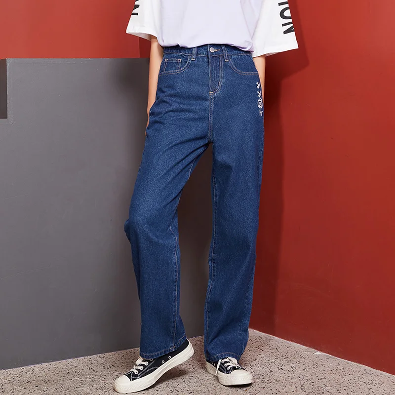 Женские длинные прямые джинсы LEIJIJEANS, молодежные джинсы с высокой посадкой и китайской вышивкой, новая модель 9103 большого размера
