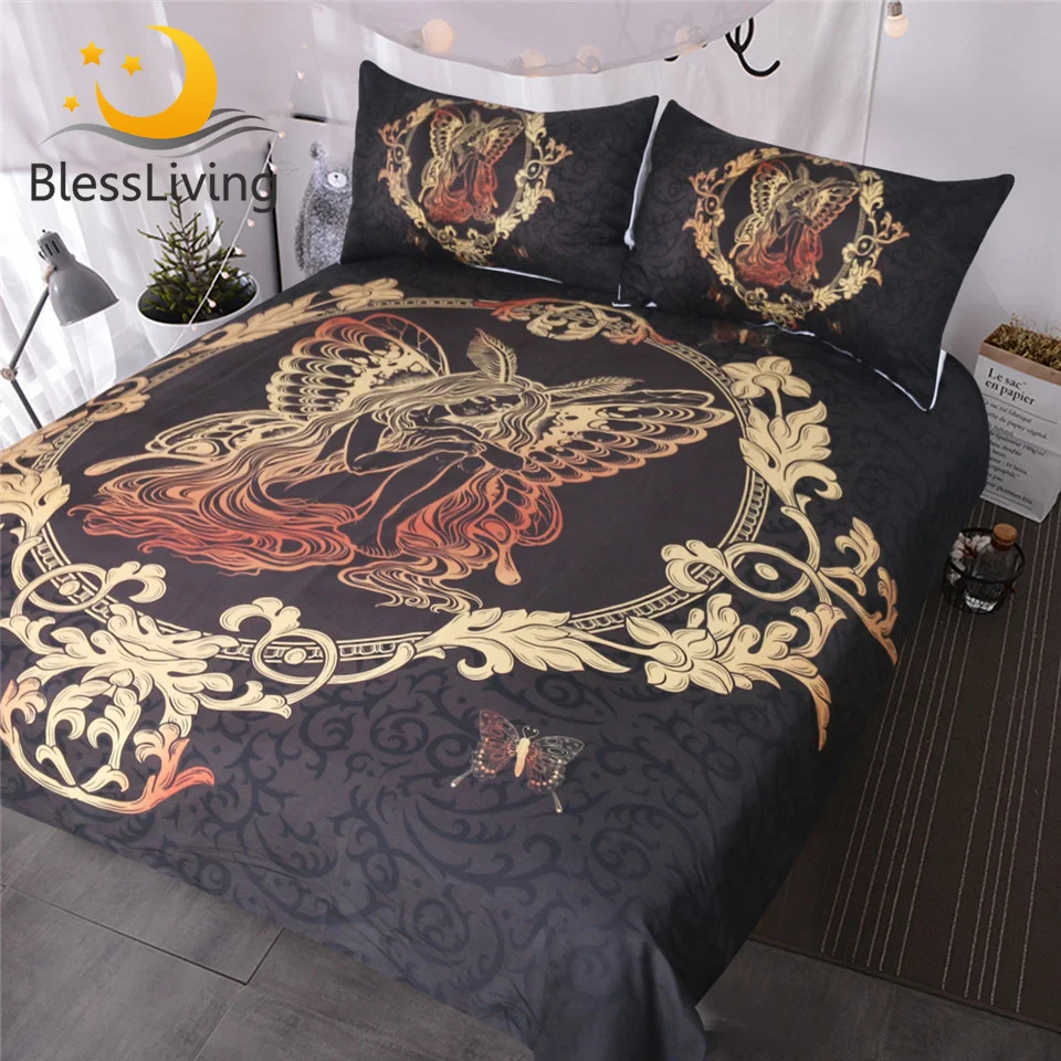 

BlessLiving Fairy Butterfly Girl Mirror Bedding Set 3 Piece Gold Paisley Duvet Cover Set Girly Bedspreads Chic Black Bed Cover