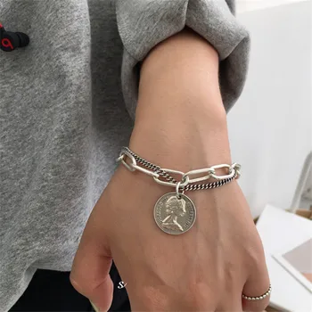 

POFUNUO 925 Silver Unisex Heavy Handmade Chain Bracelets Women Elegant Vintage Head Portrait OT Buckle Bracelets Chic Bangles
