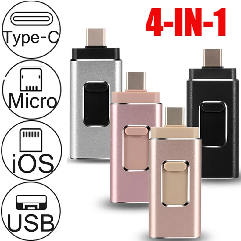 OTG USB флеш накопитель 256 ГБ 64 128 для iPhone5S/6/6S/6plus/7/7plus/8plusx Android Type C 4 в 1 с