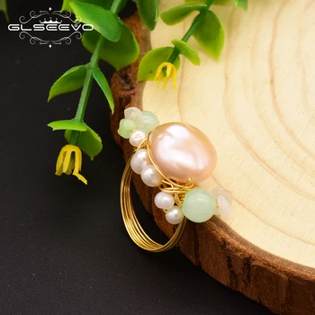 

GLSEEVO Handmade Natural Pink Baroque Pearl Ring For Girls Birthday Engagement Women's Fashion Jewelry Anillos Mujer GR0233