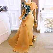 Восьмилое вечернее платье русалки размера плюс с одним плечом, атласное платье для выпускного вечера, золотые цветы, Дубай, арабские вечерние платья для выпускного вечера