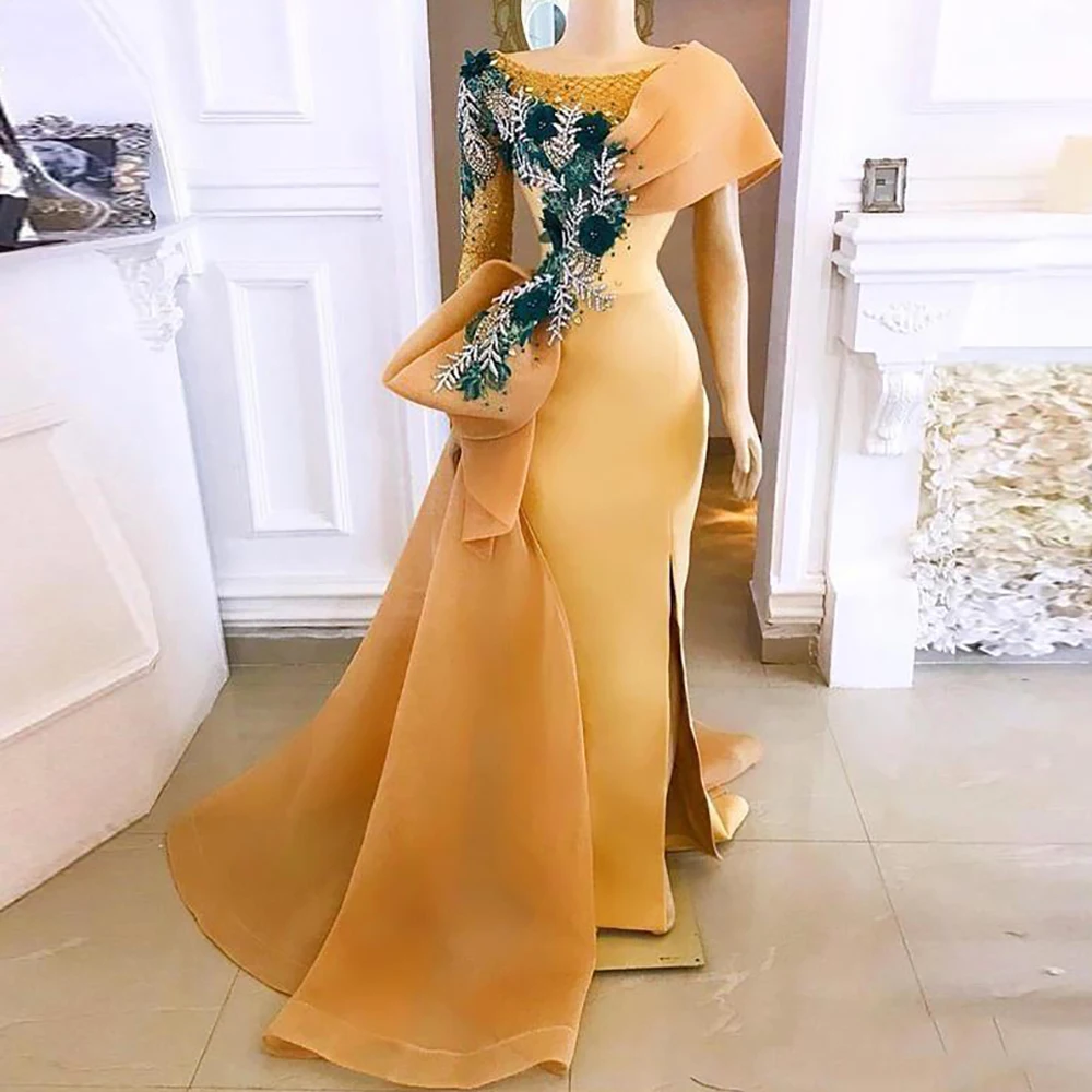 

Eightree Mermaid Evening Dress Plus Size One Shoulder Side Split Satin Prom Dresses Gold Flowers Dubai Arabic Prom party Gown