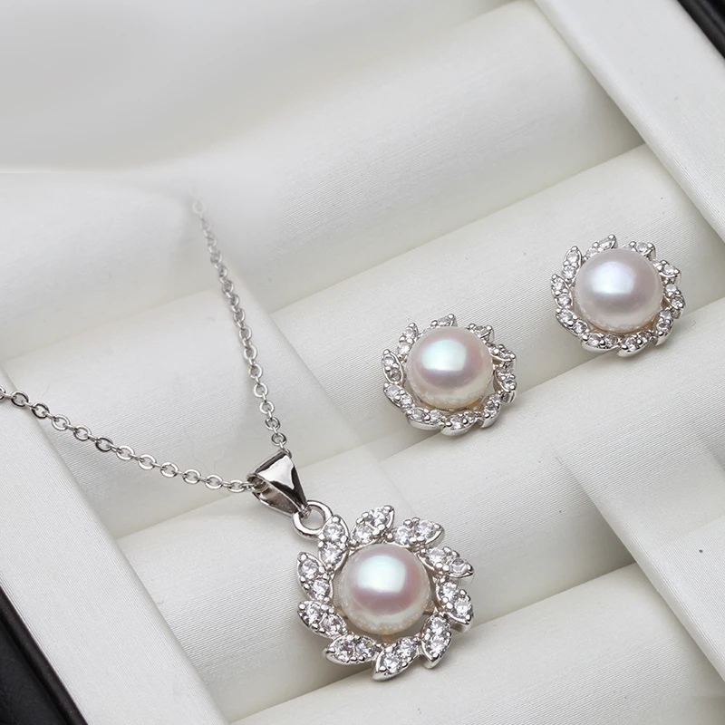 

Real White Black Natural Pearl Earring And Necklace For Women,Trendy Flower Wedding 925 Silver Pendant Earring Fine Jewelry