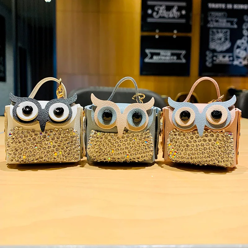 Cute Animal Creative Leather Owl Coin Purse Keychain Trend Car Key Pen