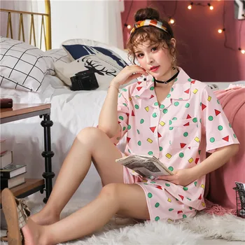 

Summer New Nightgown Sleepwear Intimate Lingerie Print Geometric 2PCS Pajamas Suit Homewear Casual Green Cotton Lady Nightwear