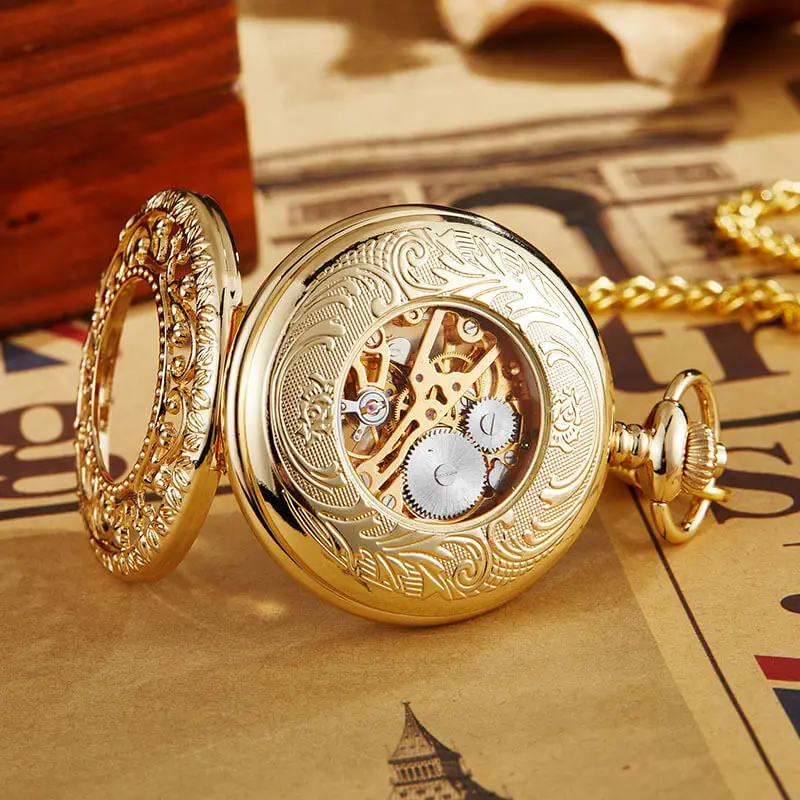 Hollow Mechanical Pocket Watch Steampunk Pendent Chains Gold Skeleton Hand-winding Fob Watch Men Women Xmas gifts