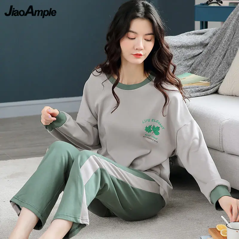 Women's Pajamas Autumn Winter Cotton Long-sleeved Trousers Pijamas Two-piece Korean Cute Sleepwear Set Female Nightie