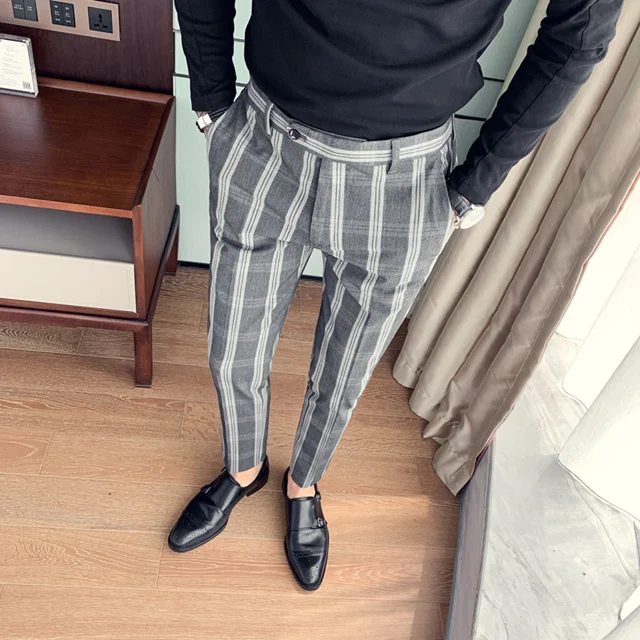 Черные, серые, зеленые клетчатые брюки для мужчин Slim Fit мужской костюм в полоску брюки Роскошные длиной до щиколотки Мужские модельные брюки формальные деловые P14 - Цвет: Серый