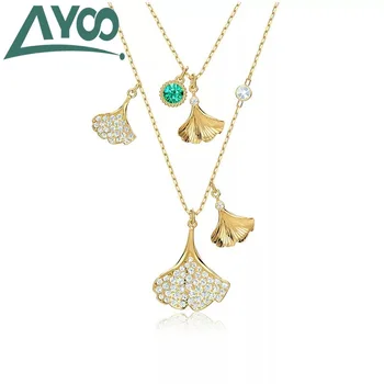

AYOO 2020 high quality SWA, new fashion jewelry crystal ginkgo leaf shape laminated ladies necklace chain double necklace women
