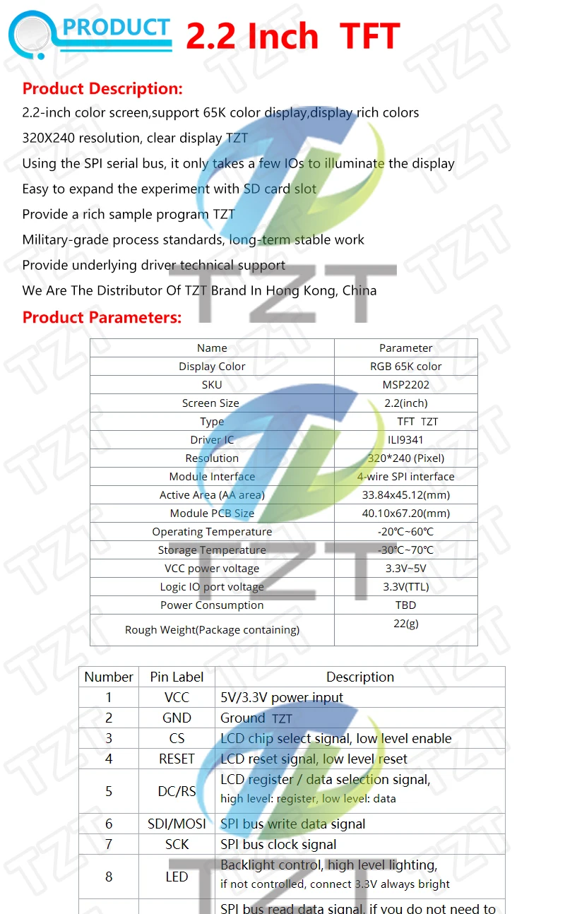 TZT 2,2 Zoll 240*320 Pixel SPI TFT LCD Serielles Anschlussmodul Display ILI9341 5V / 3,3V 2,2'' 240x320 für Arduino DIY – Detail 1