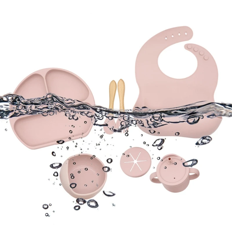 

2023 New Baby Silicone Bib Divided Dinner Plate Suction Bowl Spoon Fork Water Cup with Lid Set Training Feeding Food Utensil