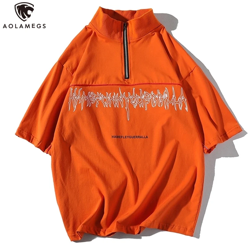 

Aolamegs T Shirts Men Hip Hop Letter Printing Casual Harajuku Tops Tee Loose Half Zipper Short Sleeve Couple Streetwear Summer