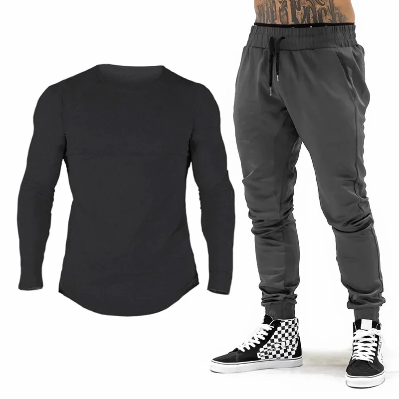 Брендовый спортивный костюм, мужская спортивная одежда, хлопковая футболка с длинным рукавом для фитнеса+ штаны для бега, мужские спортивные штаны для бодибилдинга - Цвет: 6621hei-6685hui