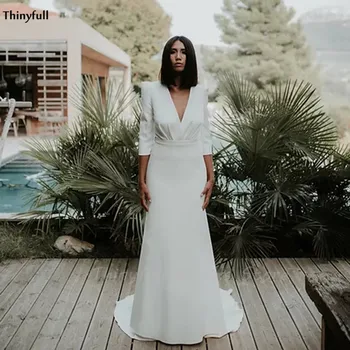 Thinyfull-vestidos de novia de satén bohemio con mangas, vestidos de novia de playa con cuello en V, Vestido Blanco sencillo de talla grande