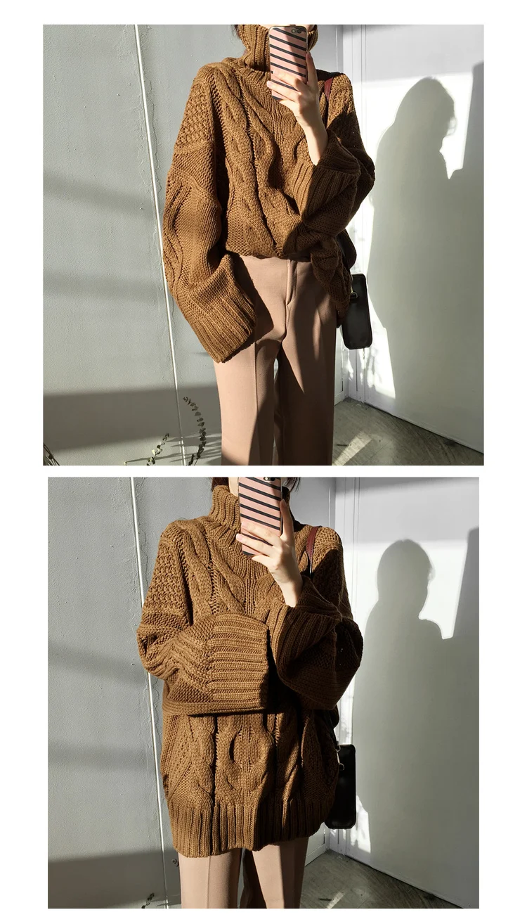 Женский вязаный свитер большого размера с крученым воротником, зимний джемпер, корейский пуловер, повседневная одежда, теплая Свободная верхняя одежда V914