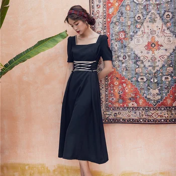 

LUX ANGNNER 2020 Summer New French Retro XuanYafeng Dresses High Waist Dress for Women thin vacation over the knee Solid Color